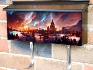 Colorful Northern Lights Over The Sea Snowy Mountains And City Townhouse Mailbox Cover
