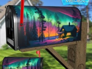 Colorful Northern Lights And Little House Decorative Rural Farm Mailbox Cover