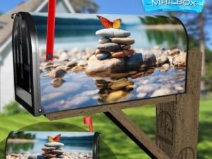 Nature Serenity Stacked Pebbles Colorful Butterfly Decorative Rural Farm Mailbox Cover