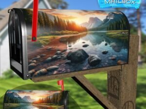 Panoramic Mountain Lake At Sunset Decorative Rural Farm Mailbox Cover