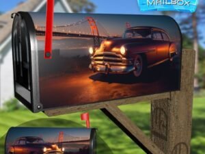 Lowrider With Custom Paint Job Nightlife with a Bridge behind Decorative Rural Farm Mailbox Cover