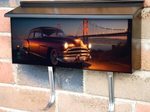 Lowrider With Custom Paint Job Nightlife with a Bridge behind Townhouse Mailbox Cover