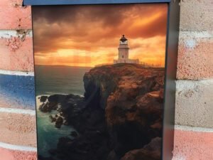Lighthouse On The Coast at Sunset Cloudy Scene Colonial Mailbox Cover