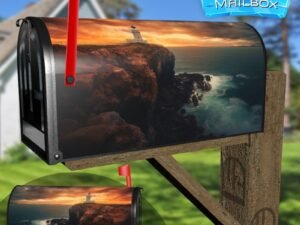 Lighthouse On The Coast at Sunset Cloudy Scene Decorative Rural Farm Mailbox Cover
