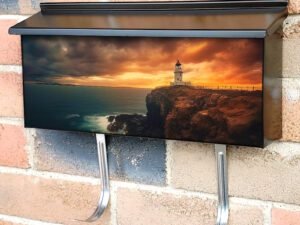 Lighthouse On The Coast at Sunset Cloudy Scene Townhouse Mailbox Cover