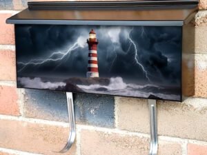 Lighthouse In The Middle Of A Storm On The Sea With Lightning Townhouse Mailbox Cover