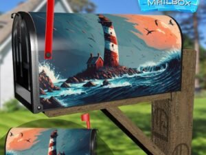 Painted Lighthouse at the Ocean On a Windy Weather Day Decorative Rural Farm Mailbox Cover