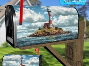 Painted Lighthouse on a Small Green Island Decorative Rural Farm Mailbox Cover