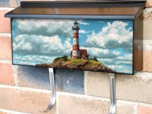 Painted Lighthouse on a Small Green Island Townhouse Mailbox Cover