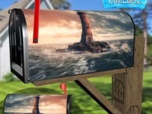 Lighthouse on a Small Green Island at Sunset Decorative Rural Farm Mailbox Cover