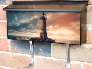 Lighthouse on a Small Green Island at Sunset Townhouse Mailbox Cover