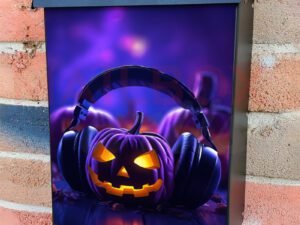 Purple Scene Jack O Lantern Wearing Headphone Colonial Mailbox Cover