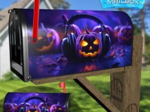 Purple Scene Jack O Lantern Wearing Headphone Decorative Rural Farm Mailbox Cover