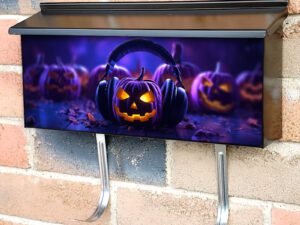Purple Scene Jack O Lantern Wearing Headphone Townhouse Mailbox Cover