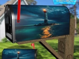 Illuminated Lighthouse Beacon At Twilight Decorative Rural Farm Mailbox Cover