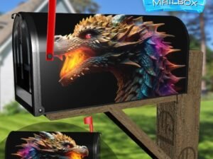 Colorful Head Of A Dragon Breathing Fire Decorative Rural Farm Mailbox Cover