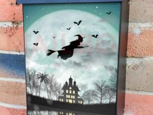 Halloween Silhouette Of Witch Flying Over The Full Moon Colonial Mailbox Cover