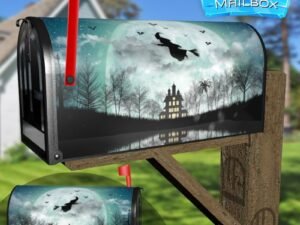 Halloween Silhouette Of Witch Flying Over The Full Moon Decorative Rural Farm Mailbox Cover
