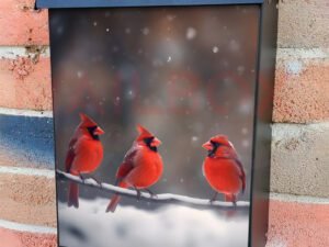 Group Of Northern Cardinal Birds Perched on a Snow Covered Branch Colonial Mailbox Cover