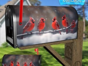 Group Of Northern Cardinal Birds Perched on a Snow Covered Branch Decorative Rural Farm Mailbox Cover