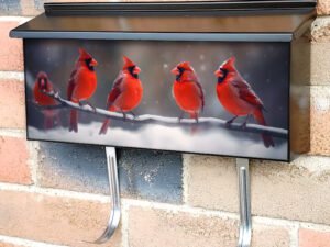 Group Of Northern Cardinal Birds Perched on a Snow Covered Branch Townhouse Mailbox Cover