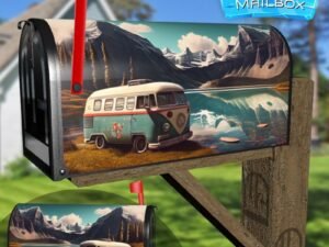 Going On Vacation In A Van By A Beautiful Lake between Hills Decorative Rural Farm Mailbox Cover