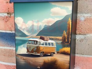 Going On Vacation In A Van By A Beautiful Lake with Hills Colonial Mailbox Cover