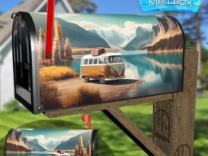 Going On Vacation In A Van By A Beautiful Lake with Hills Decorative Rural Farm Mailbox Cover