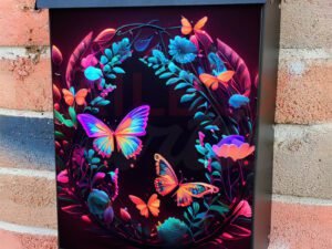 Colorful Abstract Neon Background With Butterflies and Flowers Colonial Mailbox Cover