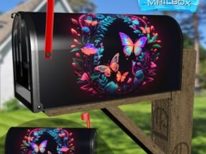 Colorful Abstract Neon Background With Butterflies and Flowers Decorative Rural Farm Mailbox Cover