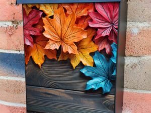 Beautiful and Colorful Autumn Leaves on Wooden Table Colonial Mailbox Cover