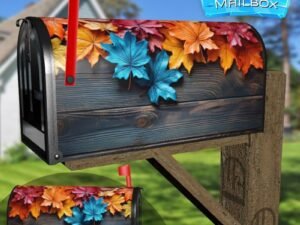 Beautiful and Colorful Autumn Leaves on Wooden Table Decorative Rural Farm Mailbox Cover