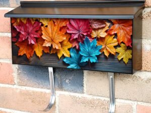 Beautiful and Colorful Autumn Leaves on Wooden Table Townhouse Mailbox Cover