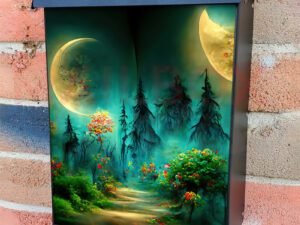 Forest In Silhouette With Starry Night Sky And Full Moon Colonial Mailbox Cover