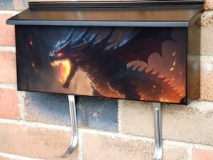 Fire Breathes Explode From A Giant Dragon In A Black Night Townhouse Mailbox Cover