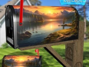Fantasy Landscape Mountain Lake And Forest At Sunset Decorative Rural Farm Mailbox Cover