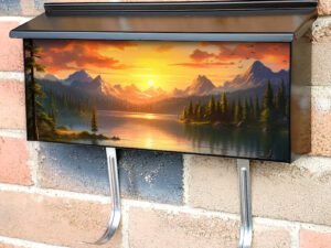 Fantasy Landscape Mountain Lake And Forest At Sunset Townhouse Mailbox Cover