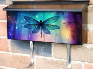 Fairy Tale Dragonfly And Firefly Silhouettes In Colorful Night Forest Townhouse Mailbox Cover