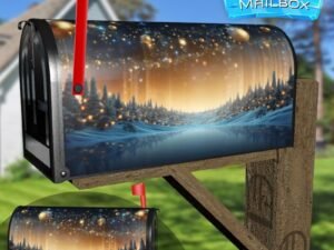 Christmas Decoration Scene with Gold Balls and Pine Trees Decorative Rural Farm Mailbox Cover
