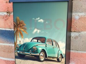 Cute Retro Car with Palm Trees on Sandy Beach Colonial Mailbox Cover