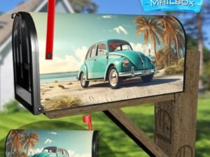 Cute Retro Car with Palm Trees on Sandy Beach Decorative Rural Farm Mailbox Cover