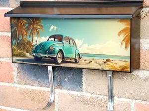 Cute Retro Car with Palm Trees on Sandy Beach Townhouse Mailbox Cover