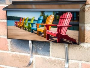 Colorful Muskoka Chairs For People To Relax on a Deck Townhouse Mailbox Cover