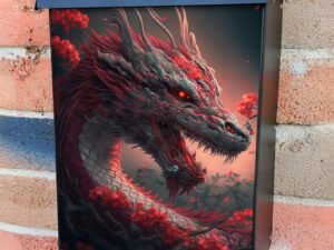Chinese Dragon Asian Fantasy with Red Flowers Colonial Mailbox Cover