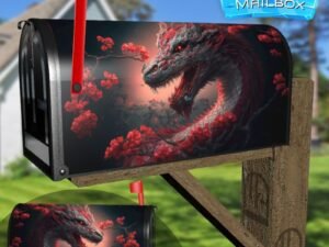 Chinese Dragon Asian Fantasy with Red Flowers Decorative Rural Farm Mailbox Cover