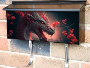 Chinese Dragon Asian Fantasy with Red Flowers Townhouse Mailbox Cover