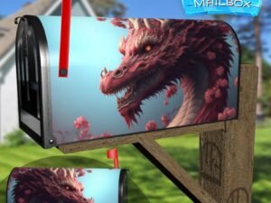 Chinese Dragon Asian Fantasy with Pink Flowers Decorative Rural Farm Mailbox Cover