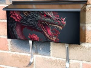 Chinese Dragon Asian Fantasy with Pinkish Flowers Townhouse Mailbox Cover