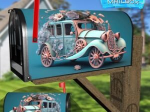 Beautiful Old Car With Flowers On Blue Background Pastel Colors Decorative Rural Farm Mailbox Cover