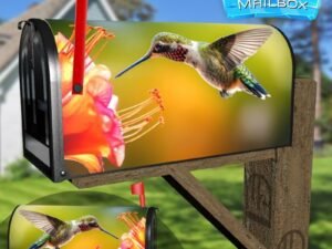 Bright Colorful Hummingbird Flying To Flower For Nectar Decorative Rural Farm Mailbox Cover